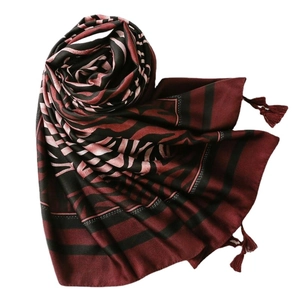 Ethnic zebra pattern silk scarf in dark red and black with elegant fringe tassels