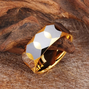 Polished two-tone gold and silver tungsten ring with geometric faceted design for men