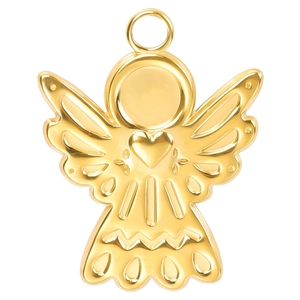 Detailed view of 18k gold plated angel pendant with heart and wing texture details