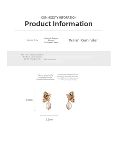 Detail showing butterfly drop earrings with freshwater pearl and dimensions on white background