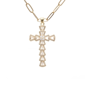 Gold-plated paperclip chain necklace featuring a crystal-encrusted cross pendant