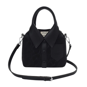 Minimalist black leather handbag with creative shirt collar design and top handle straps