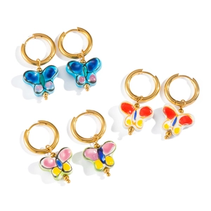 Three pairs of colorful butterfly hoop earrings with gold-tone enamel pendants in vibrant hues