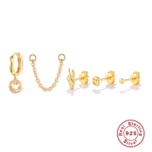 5-piece set of 925 sterling silver gold plated stud earrings with zircon smiley face charms