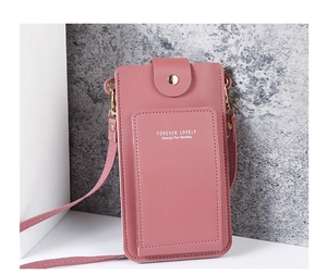 Pink crossbody phone bag featuring gold hardware and Forever Lovely decorative lettering