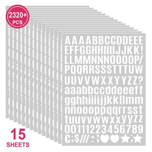 Detail of 15 alphabet and number sticker sheets showing 2320+ waterproof characters