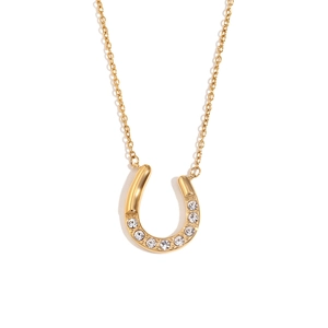 18K gold plated horseshoe pendant necklace with clear crystals on a fine gold chain