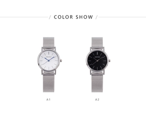 Minimalist quartz watches featuring mesh steel straps in black and white dial versions