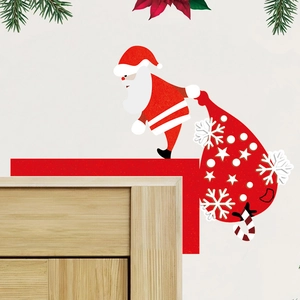 L-shaped Santa Claus PVC door corner decoration with red gift bag and festive snowflake patterns