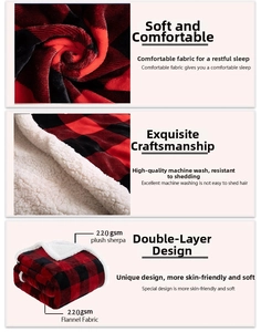 Detail of red plaid flannel blanket with soft white sherpa lining and durable stitching