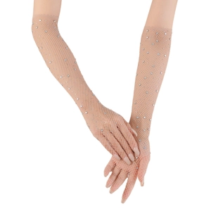 Close-up of long beige fishnet gloves with sparkling silver rhinestones on white background