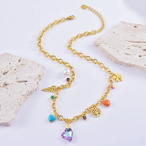 Chic purple heart planet necklace with tree of life and feather charms on gold chain