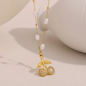 18K gold-plated stainless steel necklace with pearl accents and cherry pendant