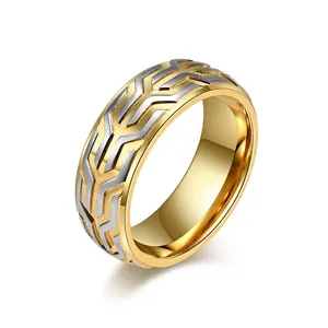 Retro stainless steel men's ring featuring gold finish and silver tire tread patterns