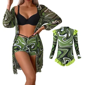 Polyester Spandex Eltern-Kind-Bademode Damen Bikini High Waist Shorts Mesh Cover-up Und Mädchen Langarm-Badeanzug