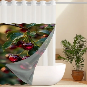 Detail of waffle weave shower curtain with realistic cherry print and metal grommets