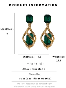 Detailed view of geometric emerald green rhinestone earrings with 4cm length measurements