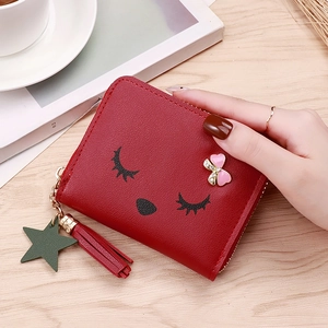 Cute dark red cartoon wallet for women featuring heart bow, tassel, and star pendant