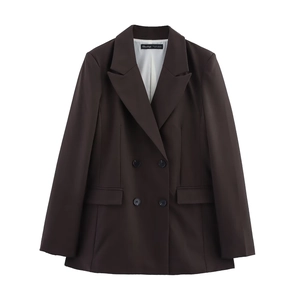 Women's dark brown double-breasted blazer suit with padded shoulders and high-waist pants