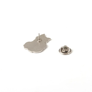 Detail showing the silver metal enamel pin back with a butterfly clutch fastener