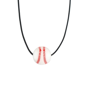 Detailed view of the baseball pendant necklace with red stitching and black cord