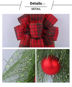 Detail of red and green tartan bow with matte red Christmas ball and glitter mesh