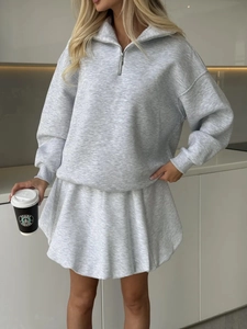 Women's vintage grey oversized knit set with half-zip sweatshirt and pleated mini skirt