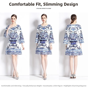 Three views showing front, side, and back of blue floral print dress with bell sleeves