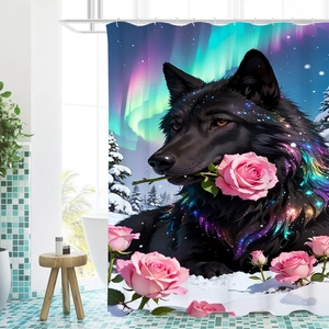 Detail des wasserdichten 3D-Wolf- und Rosen-Motivs auf hochwertigem Stoff Duschvorhang