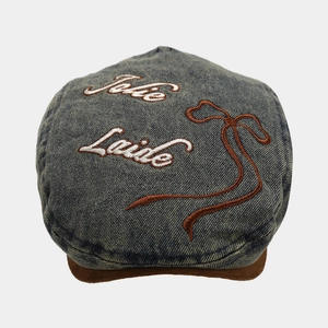 Vintage blue denim beret with brown suede brim and Jolie Laide embroidery for women