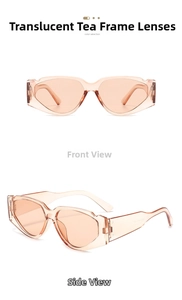 Detail view of oversized cat-eye sunglasses with transparent tea frame and matching lenses