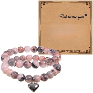 Ensemble de bracelets en perles de pierre naturelle rose et grise avec pendentif cœur