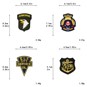 Detailed view of four military-style embroidered patches with dimensions and eagle icons