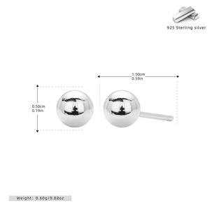 Detailed size chart of S925 sterling silver ball stud earrings showing 0.50cm diameter