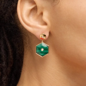 Geometric gold stud earrings with malachite hexagonal drop pendants and small diamonds