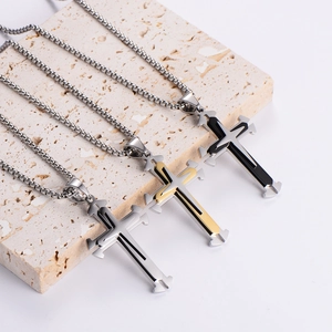 Three-layer cross pendant necklaces in silver, gold, and black stainless steel styles