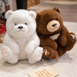 Cute sitting teddy bear plush toy set with heart paw prints in white and brown