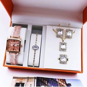 Luxury gift set featuring a square quartz watch with Roman dial and matching jewelry pieces