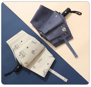 Detail of automatic folding umbrella featuring cute cartoon cat prints and meow text