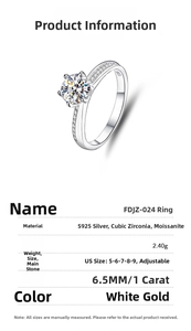 Detailed specifications of S925 silver 1ct moissanite ring with adjustable band size