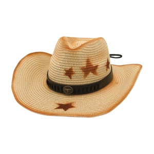 Classic Western straw cowboy hat with star pattern and bull head leather band accent