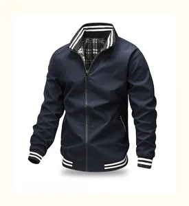 Detail of navy casual jacket featuring striped ribbed cuffs and classic plaid lining texture