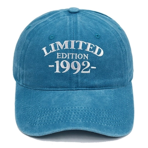 Detail of the 1992 Limited Edition 3D embroidery on peacock blue washed cotton cap