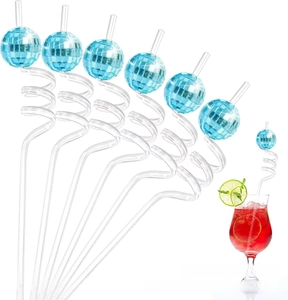 Blue disco mirror ball decorations on clear spiral PETG straws for party drinks