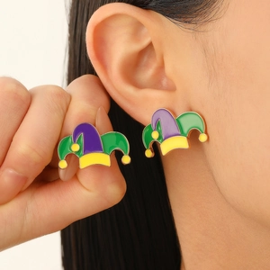 Western Mardi Gras Carnival Jester Hat Crown Heart IKO Letter Stud Earrings Alloy Enamel Colorful Party Jewelry For Women
