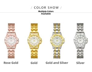 Comparison of four women's quartz watches with rhinestone bezels and alloy straps