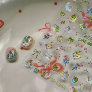 3D laser cartoon cat and apple nail art stickers M-1043 with holographic effect