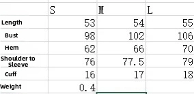Size chart for women's cotton tracksuit set featuring jacket length and bust measurements