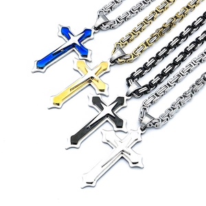 Collier Pendentif Croix Pour Hommes Acier Inoxydable Triple Couche Bicolore Chaîne Byzantine Bijoux