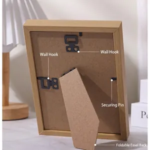 Nordic natural wood photo frame back view with folding stand and wall hanging hooks